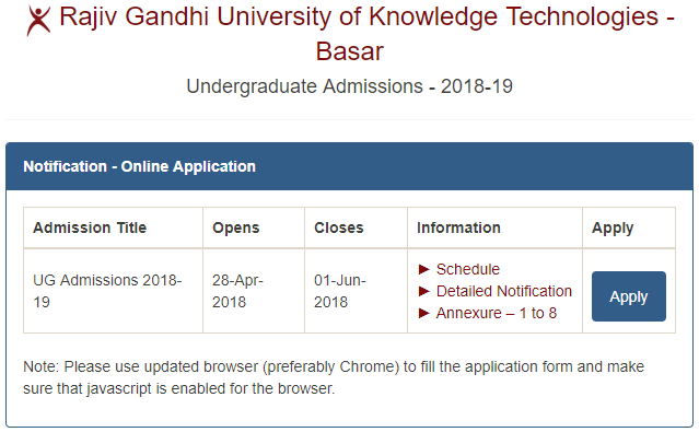IIIT Basara Admissions 2019 -Online Apply Form