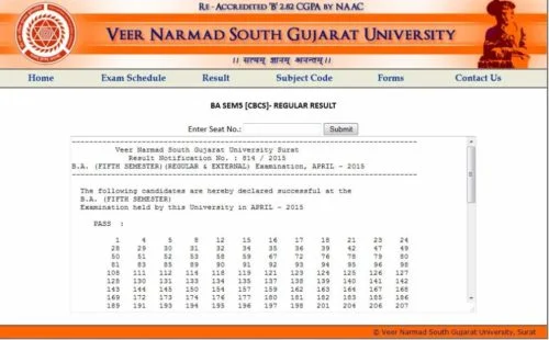 Veer Narmad South Gujarat University Result