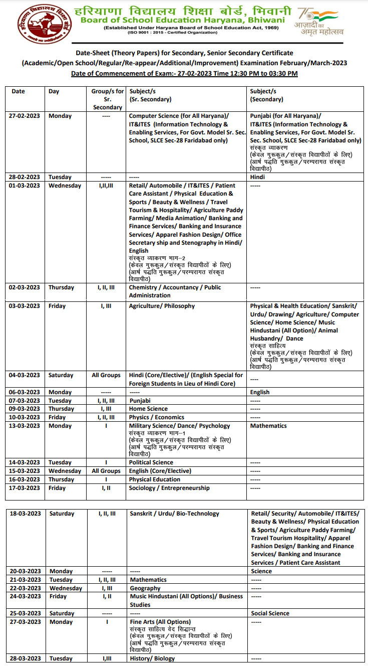 Haryana Board Date sheet Class 10