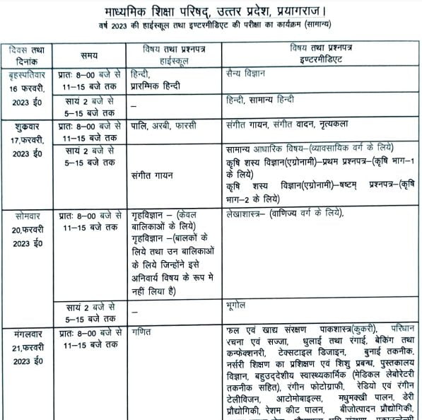 UP-Board class 10th timetable